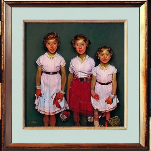 Prompt: Frontal portrait of women triplets with ice blue eyes. Painting by Norman Rockwell.