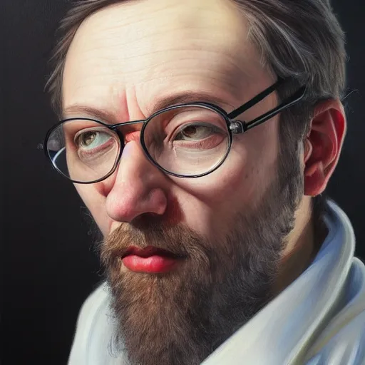 Image similar to highly detailed masterpiece portrait painting of a scientist, trending on artstation.