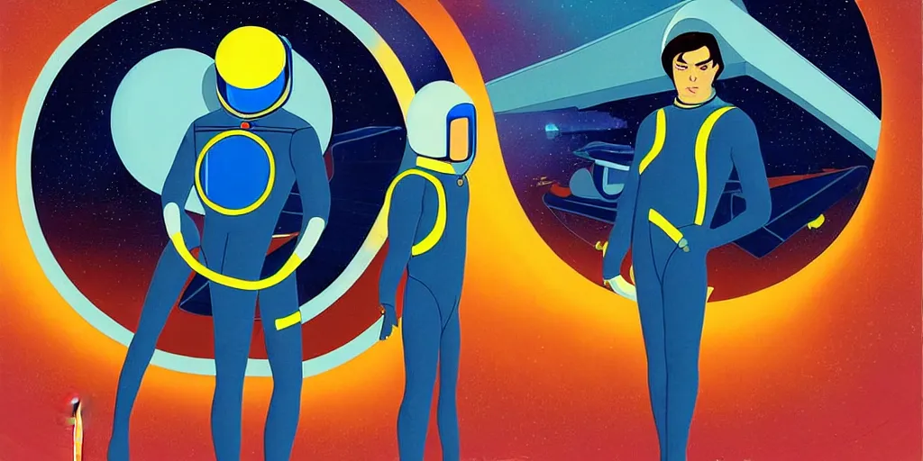 Prompt: a portrait of lonely single Alain Delon alone pilot in spacesuit posing in symmetrical spaceship station landing laying lake artillery porthole captain bridge outer worlds hyper contrast in FANTASTIC PLANET La planète sauvage animation by René Laloux