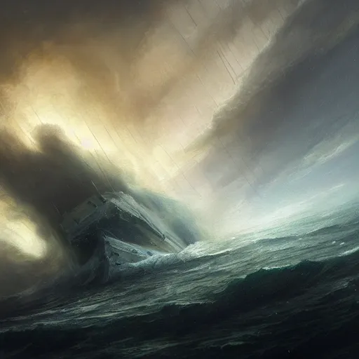 Image similar to a detailed spaceship sinking in a stormy sea, science fiction, oil painting by Caspar Friedrich, Greg Rutkowski, JMW Turner, trending on artstation, unreal engine