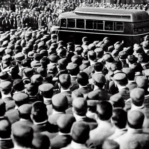 Prompt: joseph stalin delivers an official speech in front of government officials in a crowd standing on a blue vw bus