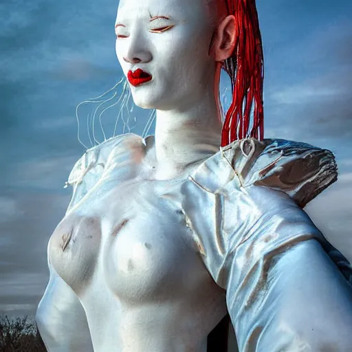 Prompt: zoomed out shot of a Vass Roland beautiful tall and feminine albino supermodel maiko samurai armor, photograph, award wining, red and white unwrapped smooth armpits body arms up unfolds statue bust curls of hair petite lush front and front side view body photography model full body curly jellyfish lips art contrast vibrant futuristic fabric skin jellyfish material metal crystals veins style of Jonathan Zawada, Thisset colours simple background objective, trending on artstation, punk attitude, 4k, unreal engine 5, octane render, neon highlights, detailed, photo by steve meiele, annie lebovetz, david lachapelle