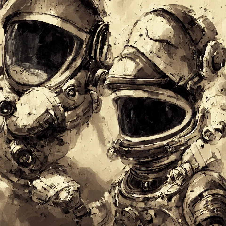 Image similar to a detailed concept art of a astronaut helmet wearing a headphone by ashley wood, digital painting, digital art, beautiful, dynamic lighting, cinematic, epic composition, masterpiece