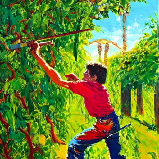 Prompt: a leroy neiman painting of a fourteen year old boy, swinging a machete at a large monster made of vines and plants, dynamic pose, bat swing pose