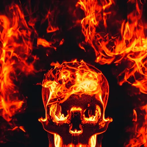 Prompt: studio photographic portrait of a skull on flames, burning red hot, sparks rise, fiery orange glowing flying particles, black background, smoke, ornate, intricate, photorealistic, high quality, sharp focus, high resolution, dramatic lighting, 8 k, chiaroscuro, 3 5 mm, canon, by annie leibovitz