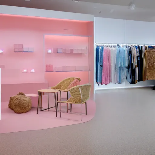 Image similar to An ultra high definition, professional photograph of an IKEA showroom located on a pastel pink beach ((with pastel pink, dimpled sand where every item is pastel pink. The sun can be seen rising through a window in the showroom.)) The showroom unit is outdoors and the floor is made of dimpled sand. Morning time indirect lighting with on location production lighting on the showroom. In the style of wallpaper magazine, Wes Anderson.