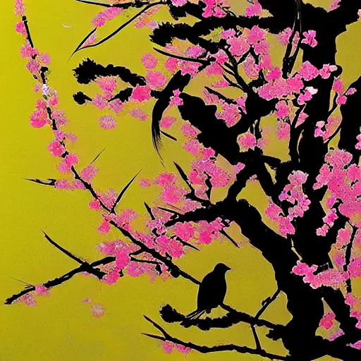 Prompt: birds and sakura blossoms, by dave mckean and yoji shinkawa