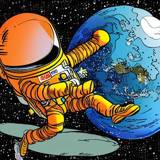 Image similar to bill watterson illustration of an astronaut drifting in space staring at the earth