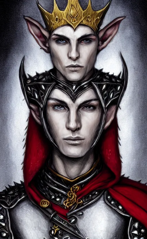 Image similar to A portrait of a male elf, 20 years old, short silver hair, red eyes, wearing a spiked black metal crown, wearing black heavy armor with gold trim, wearing a red cape, lean but muscular, attractive, command presence, royalty, weathered face, smooth, sharp focus, illustration, concept art, highly detailed portrait, muscle definition, fantasy painting, ArtStation, ArtStation HQ