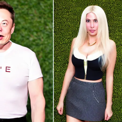 Image similar to Elon Musk with blonde hair and beautiful female features, wearing crop top and miniskirt, photography, full body, alluring