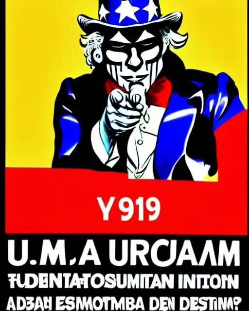 Image similar to anonymous uncle sam in the style of cuban communist propaganda poster art in the year 1 9 8 7 ultra realistic, concept art, intricate details, highly detailed, photorealistic, octane render, 8 k, unreal engine. art by artgerm and magali villeneuve