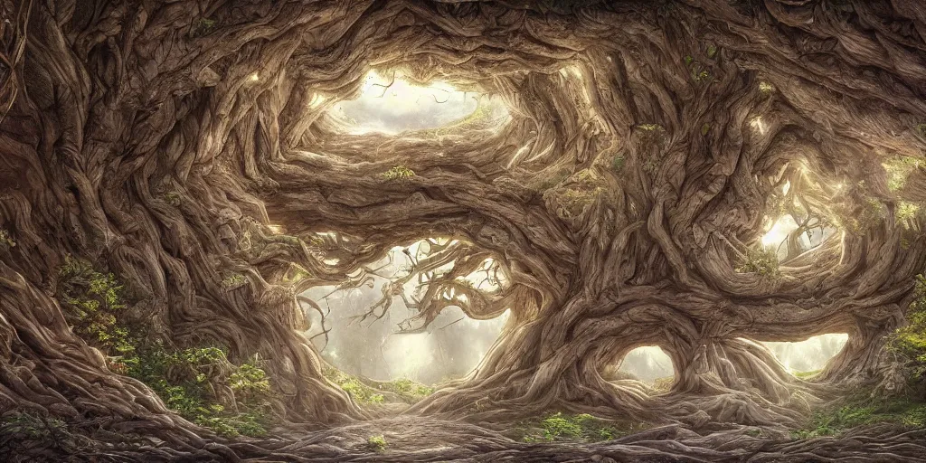 Prompt: endless library with a giant oak tree breaking through the roof, wide shot, fantasy, hyper detailed, HD