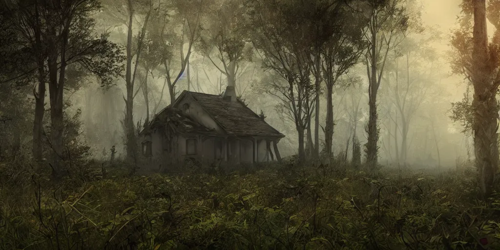 Image similar to photorealistic, ruined english bungalow, overgrown vegetation, in the forest, apocalypse, night, fog, shadowy creatures lurking in foliage, hyperrealistic, grimdark, artstation