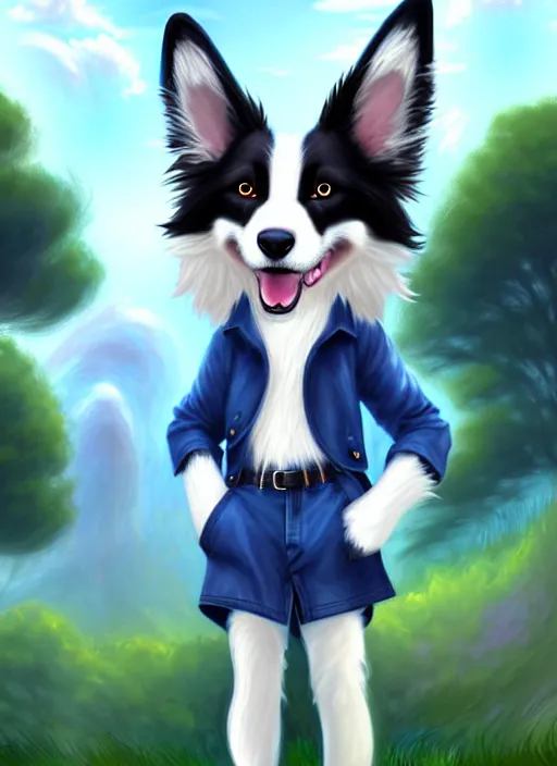 Image similar to full body digital painting of a cute male anthropomorphic border collie fursona wearing a trenchcoat and blue denim shorts in front of a park, furaffinity, scenic background, intricate, elegant, beautiful, fantasy, highly detailed, trending on artstation, art by charlie bowater and henry asencio and and ross tran