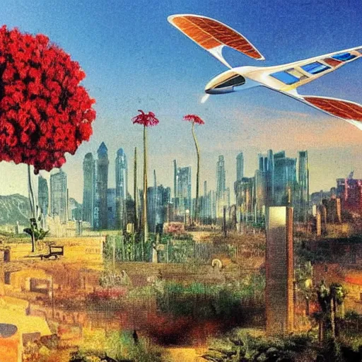 Image similar to a very beautiful eco - friendly environmental future!!! city cityscape, ( flying cars ) and elevated!! trains and solar power, lots of desert plants and flowers, sunrise, style of olidon redon