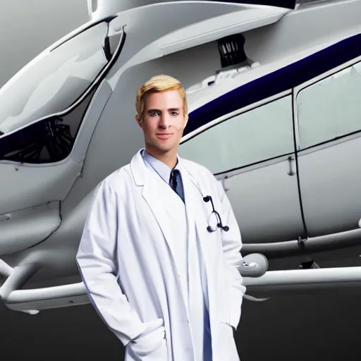 Prompt: blond male doctor in white robe in front of helicopter, epic lighting, drawing