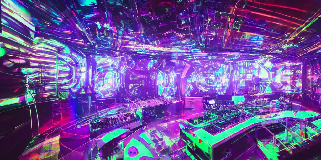 Image similar to giant speaker system audio visual holographic projection music recording studio in the interior of an international space station. filled with neon lights electronic dj equipment, modular synthesizer with cables everywhere. photorealistic 35mm 4k cgsociety