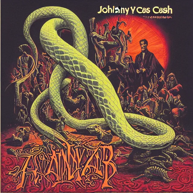 Image similar to album cover for Johnny Cash: The Snake Oil Tapes, album art by Ron Walotsky, snake oil album, snakes