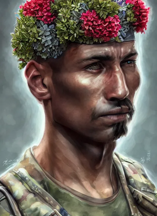 Image similar to handmade character portrait of a serious american soldier man, flowers growing on him, amaratyllis, hydrangea, chrysanthemum, hyacinth, in the style of artgerm and enki bilal and bastien lecouffe - deharme, wlop, line art, watercolor, cinematic lighting, hyperdetailed, hyperrealistic