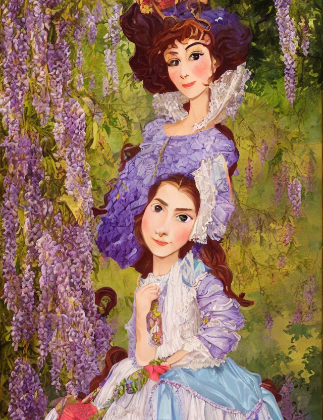 Image similar to middle eastern queen of the wisteria springs, wearing a lolita dress. this heavily stylized oil painting by an indie children's book illustrator has an interesting color scheme, plenty of details and impeccable lighting.