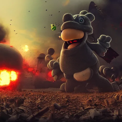 Prompt: detailed bob - omb battlefield battle war of the koopa clan, intricate, hyper detailed, realistic, cinematic lighting, dark, gritty, movie still, award winning cinema, breathtaking, foggy, smoky death, flags, sharp