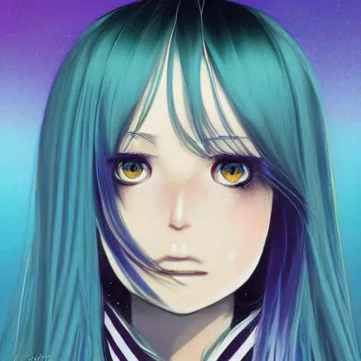 Image similar to profile shot of rimuru tempest, sky blue straight hair, long bangs, gold eyes, amber irises, wearing a black jacket with white stripes, high collar, ultra detailed, wild brush strokes, digital painting, cinematic, wlop, pixiv, color block, eerie, scary, yoshitaka amano, ilya kuvshinov, andy warhol