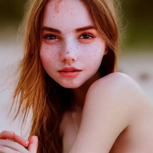 Image similar to beautiful serene intricate portrait of a cute thin young woman, red blush, cute freckles, smug smile, modern clothes, relaxing on the beach, golden hour, close up shot, soft focus, 8 k, art by irakli nadar, hyperrealism, hyperdetailed, ultra realistic