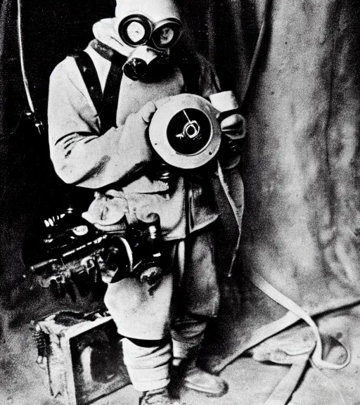 Prompt: man in a anti-radiation hazmat suit and optical gasmask holding geiger counter, ww1 film photo, grainy, high detail, high resolution