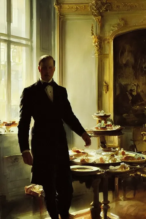 Image similar to portrait of a respectable dignified royal business elite politician standing on top of a finely set table calmly stepping in the food art by anders zorn, wonderful masterpiece by greg rutkowski, beautiful cinematic light, american romanticism by greg manchess, jessica rossier