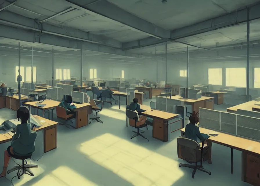 Prompt: an interior room with old pc computers stacked on the walls and people sitting at desks, makoto shinkai, dusty, matte painting