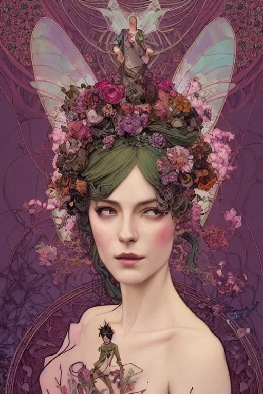 Image similar to full length portrait of a beautiful mysterious fairy with flowery headgear, no hands, by eve ventrue, michael carson, andreas rochas, john watkiss, casey weldon, artgerm. art nouveau. tarot card by mucha. gloomhaven. swirly intricate linework background. gaudy colors, sharp edges. octane render