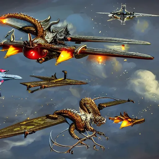 Image similar to fantasy dragon fighting biplanes