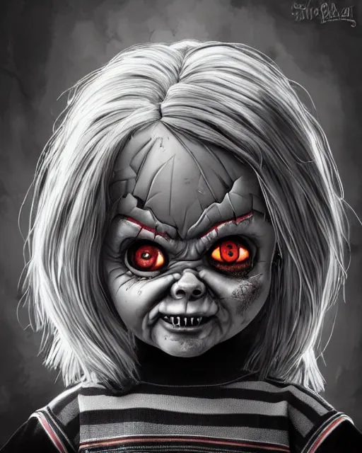 Prompt: chucky the killer doll, portrait, fantasy horror art, in the style of artgerm, illustration, epic, fantasy, intricate, hyper detailed, artstation, concept art, smooth, sharp focus, ray tracing, vibrant, photorealistic, simon bisley, fabry glenn