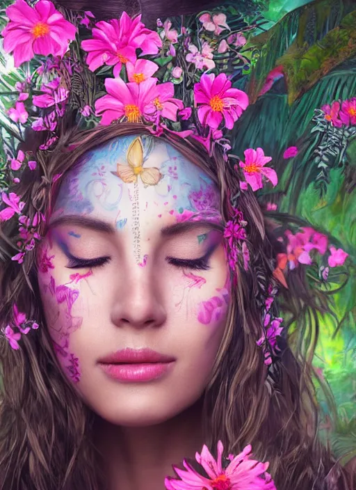 Prompt: a beautiful portrait of a beautiful woman with eyes closed in the jungle surrounded by pink flowers, tribal face paintings, matte painting, fantasy art