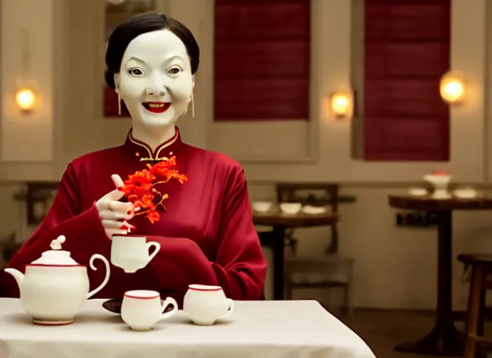 Image similar to movie still of a woman made out of porcelain sitting at a table in a cafe, wearing a red cheongsam, smooth white skin, creepy smile, tea set in foreground, directed by Guillermo Del Toro