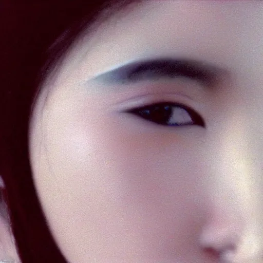 Prompt: a close - up of a beautiful japanese woman with eyes closed, red lipstick on and jet black straight hair, film still from the movie directed by zhang xiaogang with art direction by zdzisław beksinski, telephoto lens, shallow depth of field