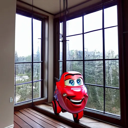 Image similar to Lightning McQueen-shaped balcony window from inside in the style of Lightning McQueen