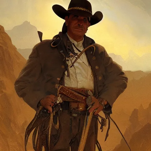 Image similar to clean shaven, tan, middle - aged christian priest with dark hair in wild west, intricate, highly detailed, digital painting, artstation, oppressive lighting, concept art, sharp focus, illustration, art by greg rutkowski and alphonse mucha