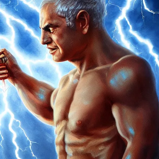 Image similar to benjamin netanyahu as a greek god of lightning, shooting lightning bolts, highly detailed, ultra clear, by artgerm and greg rutkowski