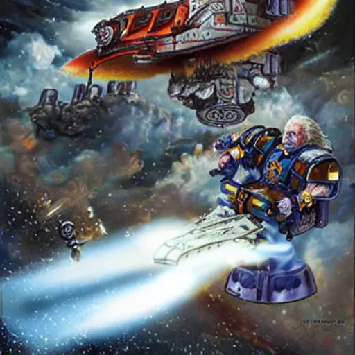 Prompt: Albert Einstein flying a Warhammer 40k Storm Speeder