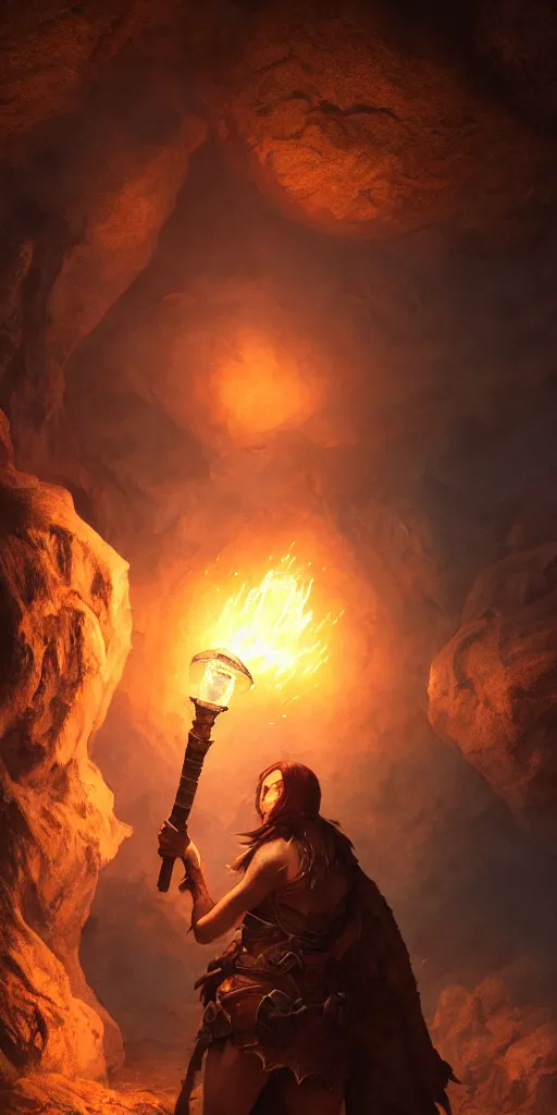 Image similar to a epic hero adventurer holding a torch in a dark cave, fantsy, concept art, artgerm, monster hunter world, 8 k realistic, radiant light, frostbite 3 engine, dof, cryengine, digital art, detailed background