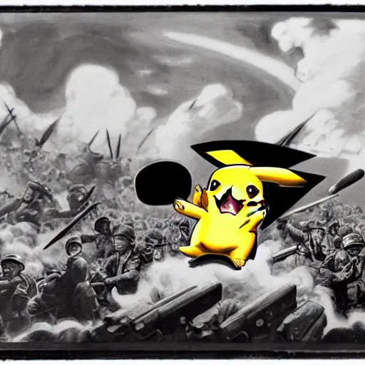 Prompt: pikachu fighting stalin in ww 2 uniform and a mustache, fighting in world war 2, photorealistic, high detail, realistic, sharp focus, smooth edges, soldiers in the background! black & white!, dramatic, sky on fire with dogfights in the sky. wide angle. painting by eugene de lacroix