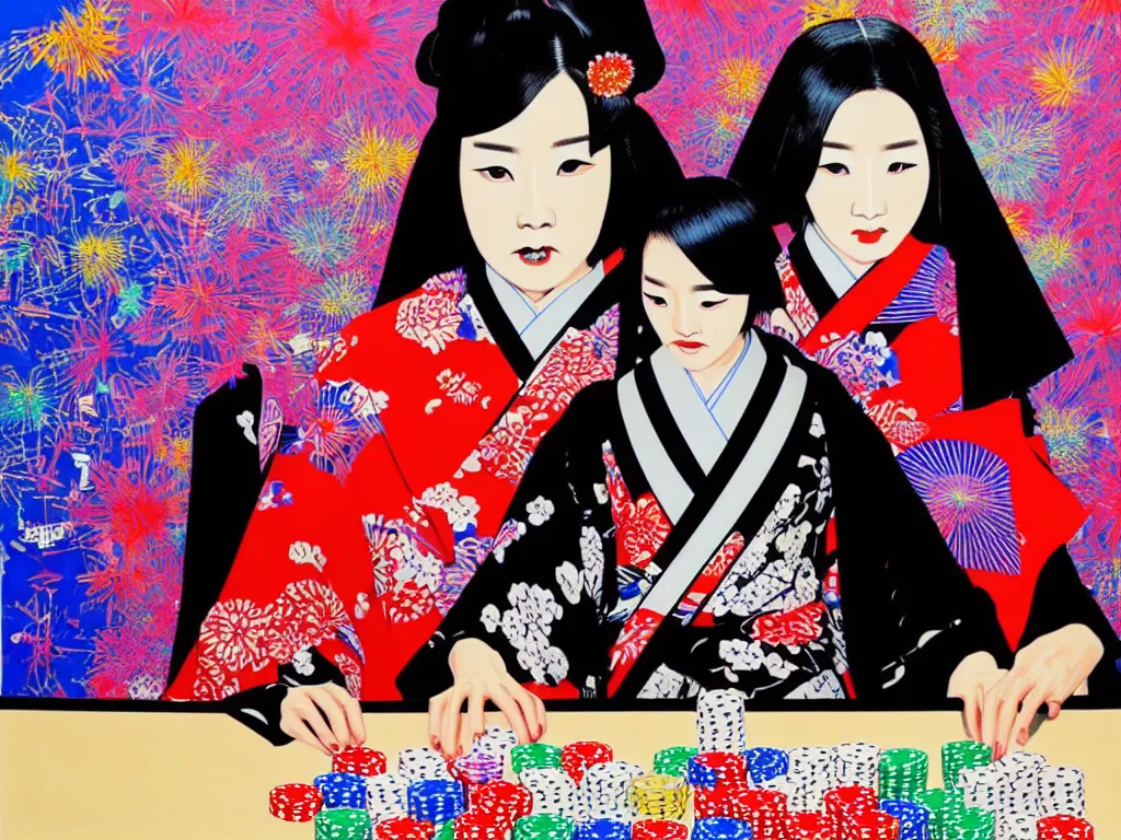 Image similar to hyperrealistic composition of the detailed woman in a japanese kimono sitting at a extremely detailed poker table with hyperdetailed darth vader, fireworks, mountain fuji on the background, pop - art style, jacky tsai style, andy warhol style, acrylic on canvas