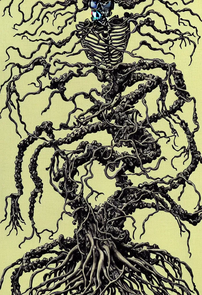 Image similar to prompt: anatomy dissection drawing skeleton Bonsai tree squid creature roots merging into big moon drawn by Takato Yamamoto, bonsai skeleton anatomy atlas, veins and organs attached to tree roots, alchemical objects inspired by 1980's sci-ci, old experimentation cabinet, intricate oil painting detail, manga 1980