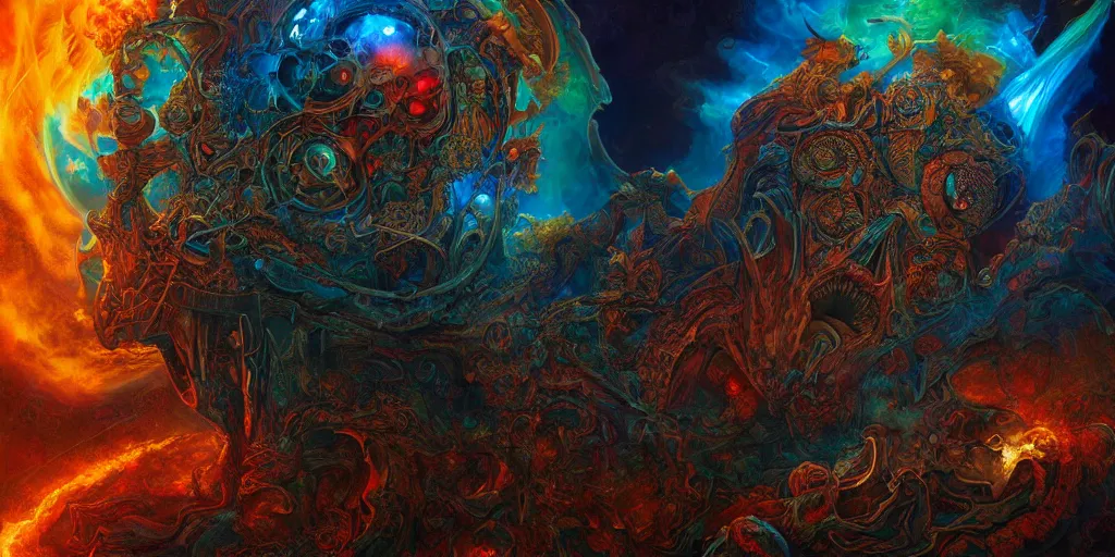 Image similar to gigantic psychedelic demonic cosmic skull of death and fire, outer space, fantasy painting, ultra realistic, dmt, symmetrical, wide angle, intricate details, digital painting, rainbowshift, vivid colors, highly detailed by peter mohrbacher, h. r. giger, maxfield parrish, craig mullins, octane render, cgi