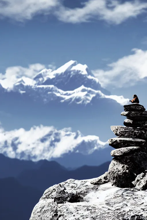 Prompt: A lonely man sits beside a rock on the top of a mountain, looking at the snowy Himalayas in the distance, faith,4k, realistic,photography,landscape,high contrast,trending on artstation.