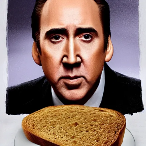 Prompt: nicholas cage on a piece of bread, hyper realistic