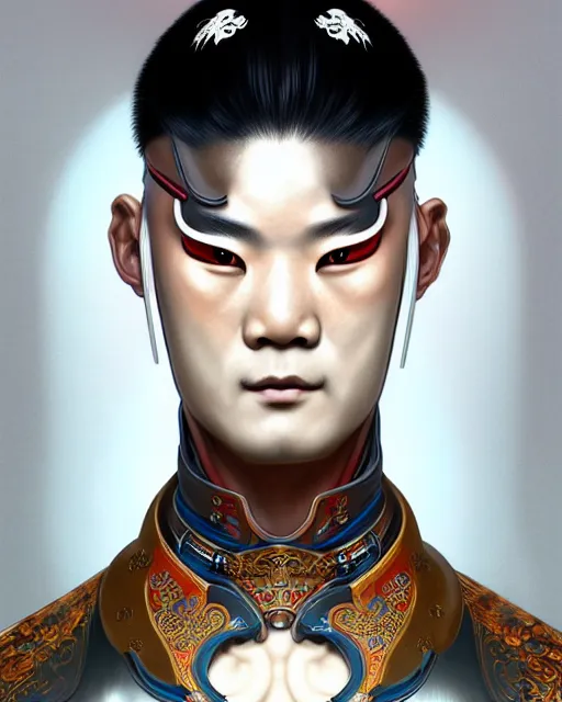 Image similar to portrait of a chinese masculine male cyberpunk machine, machine face, upper half portrait, decorated with chinese opera motifs, muscular, asian, fine china, wuxia, traditional chinese art intricate intense elegant 京 剧 highly detailed symmetry headpiece digital painting artstation concept art smooth sharp focus illustration, art by artgerm and greg rutkowski alphonse mucha 8 k