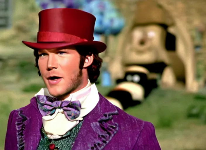 Prompt: film still of Chris Pratt as Willy Wonka in Willy Wonka and the Chocolate Factory 1971