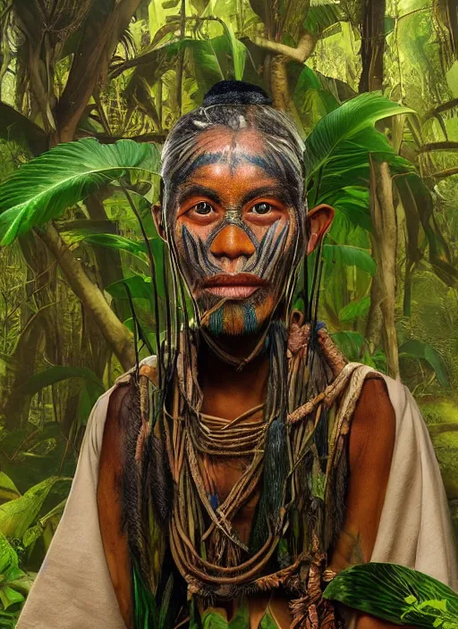 Image similar to beautiful matte painting of a portrait of a plant teacher spirit uchu sanango in the jungle, tribal face paintings, ayahuasca, matte painting, realistic